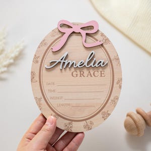 Bow Baby Birth Announcement Sign, Birth Stats Keepsake, Baby Name Reveal, Girl Hospital Birth Statistic for Newborn