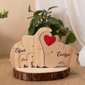 Engraved Wooden Elephant Family Puzzle, Wooden Animal Carvings, Wooden Desk Decor, Gift For Kids/Dad/Mom, Birthday Gift, Christmas Gifts