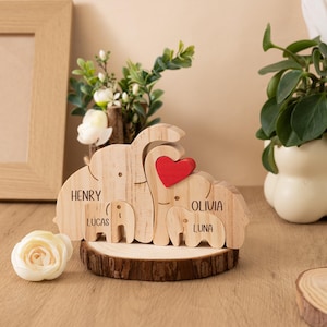 Custom Wooden Elephant Family Puzzle, Wooden Animal Carvings, Wooden Desk Decor, Family Keepsake Gift, Gift For Kids/Dad/Mom