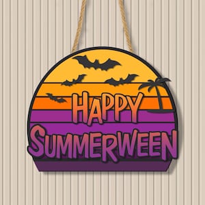 Happy Summerween Bat Door Hanging Wood Sign, Cute Halloween in Summer Decor, Trendy Summer Halloween Wall Decor, Summer Party Decorations