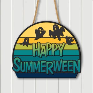 Happy Summerween Ghost Door Hanging Wood Sign, Summer Cute Garden Sign, Trendy Summer Halloween Wall Decor, Retro Summer Halloween