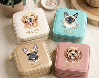 Custom Pet Photo Jewelry Case, Personalized Travel Jewelry Organizer with Name, Gift for Pet Lovers, Compact Zipper Storage Box