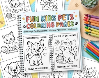 Pet Coloring Pages Printable for Kids, Cute Dog and Cat Coloring Book, Animal Coloring Sheets PDF, Kids Activity Pages Instant Download