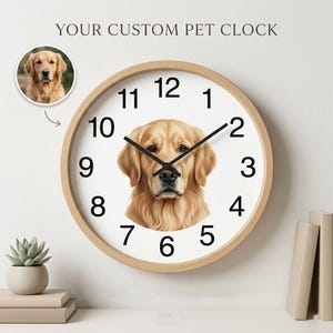May include: A round wall clock with a light wood frame. The clock face features a golden retriever illustration and black numerals. The text "YOUR CUSTOM PET CLOCK" is at the top. A small photo of the dog is in the upper left.