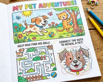 Kids Pet Activity Book Printable, Dog and Cat Coloring Pages, Maze, Dot-to-Dot, Spot the Difference, Instant Download, Fun Kids Worksheets