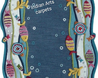 Aquarium themes fish rugs hand tufted 7x10 for office room Wool rug luxury wool rugs Bedroom rug Kids room rug kitchen rugs different size.