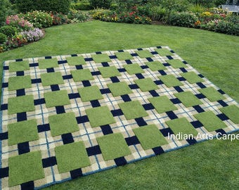 Modern Green Checkered Hand Tufted Carpet Premium Quality Hand Tufted Square Design Rug Trendy Green Square Design Hand Tufted Rug