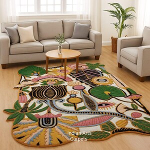 May include: A colorful, floral-patterned rug with a white background. The rug features large, stylized flowers in shades of yellow, pink, green, and blue, with black outlines. The rug is placed in a living room setting with a sofa and chairs.