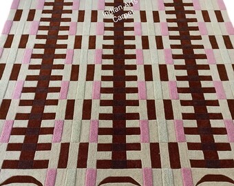Indisk handgjord tuftad matta, vågiga kanter, snygg handtuftad matta, 10 x 14 fot sovrum, golv, rutig blockmatta med böjd kant 3D-textur.