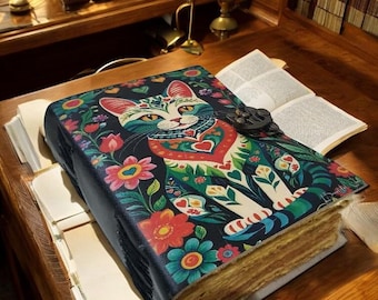 Large Leather Cat Journal, Vintage Grimoire, Blank Book of Shadows