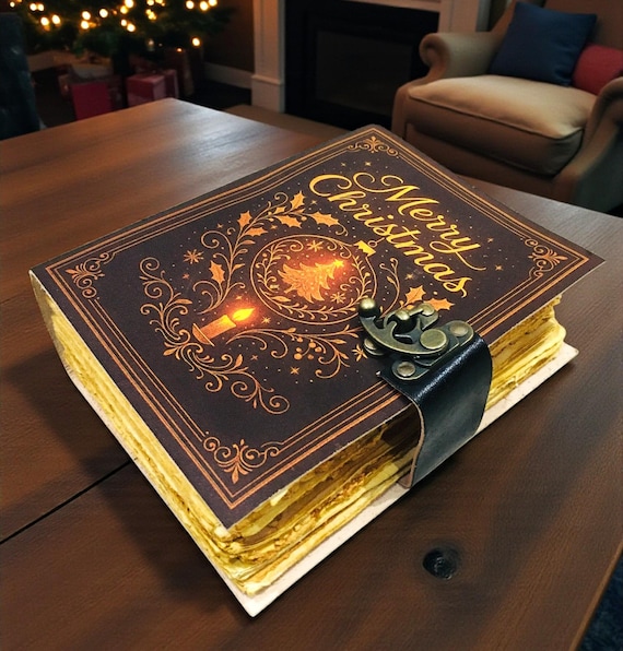 400-Page Large Leather “Merry Christmas” Journal – Vintage Handmade Notebook with Antique Lock | Gift Edition.