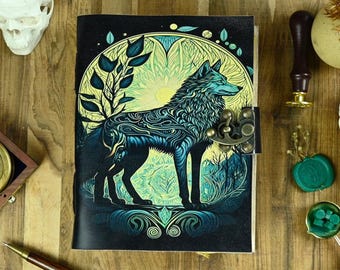 Wolf Vintage Handmade leather Journal, Grimoire Fat journal Blank spell book of shadows Christmas Celestial Gifts For Him Her.