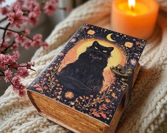 Leather Cat Grimoire Journal, Vintage Spell Book of Shadows