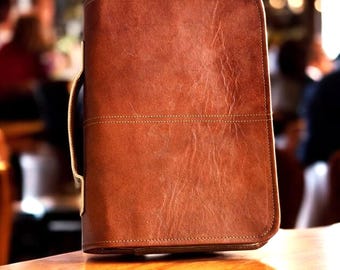 Large Handmade Leather Bible Cover | Premium Vintage Brown Leather Holy Bible Case | Refillable Zipper Bible Cover | Christian Men & Women.