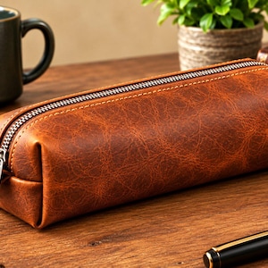 Puede incluir: Un estuche rectangular hecho de cuero marrón texturizado con un cierre de cremallera de metal plateado en la parte superior. El estuche tiene un acabado liso y uniforme con detalles de costuras visibles y una pequeña lengüeta de cuero.