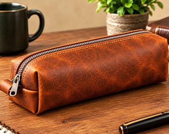 Handmade Genuine Leather Pencil Case, Vintage Rustic Stationery Organizer.