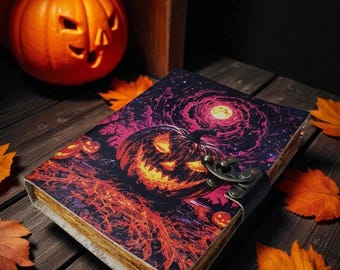 Halloween Pumpkin Leather Journal – Gothic Handmade Grimoire, Jack-O-Lantern Spell Book, Vintage Deckle Edge Paper Diary.