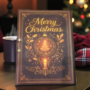 May include: A dark brown Christmas card with gold lettering and accents. The card reads "Merry Christmas" and features a Christmas tree inside a decorative ornament, a lit candle, and holly leaves.