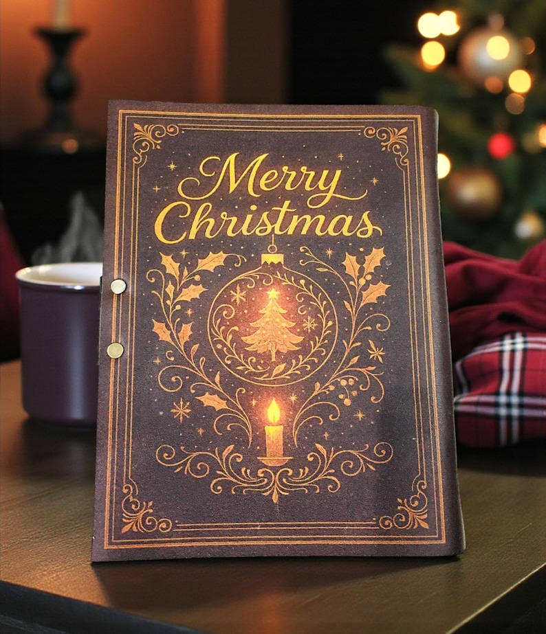 May include: A dark brown Christmas card with gold lettering and accents. The card reads "Merry Christmas" and features a Christmas tree inside a decorative ornament, a lit candle, and holly leaves.