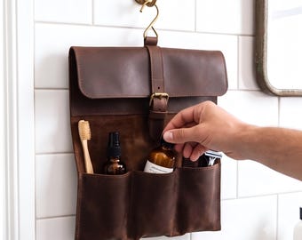 Handmade Leather Hanging Toiletry Bag, Roll Up Dopp Kit, Travel Shaving Organizer, Bathroom Wall Organizer, Gift for Men.