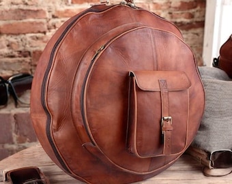 Custodia per batteria/strumenti a percussione in pelle marrone vintage, realizzata a mano.