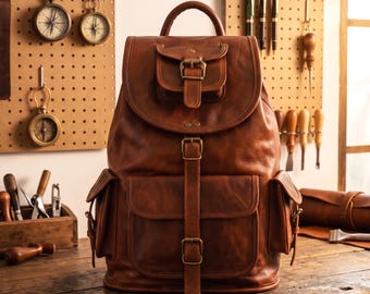 Handmade Vintage Leather Backpack, Rustic Brown Rucksack, Laptop Travel Bag
