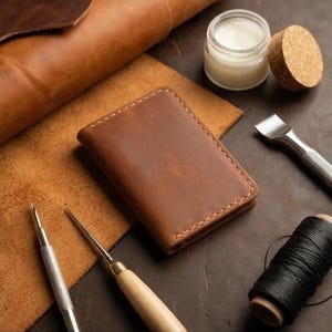 Peut inclure: Un portefeuille en cuir marron avec des coutures crème est présenté avec des outils de maroquinerie, un pot de crème, un bouchon et une bobine de fil noir. Le portefeuille est rectangulaire et semble fait à la main.