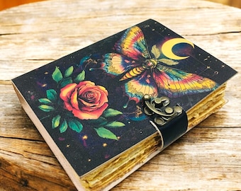 Butterfly Rose Leather Journal – Handmade Deckle Edge Paper, Antique Latch