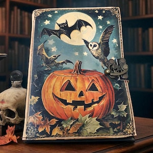 Peut inclure: Un journal sur le thème d'Halloween avec une citrouille, des chauves-souris et un hibou sur fond de ciel nocturne. La couverture est ornée d'un fermoir en métal et de feuilles d'automne. Le design est d'inspiration vintage.