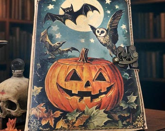 Halloween Leather Journal – Vintage Jack-O’-Lantern Grimoire – Spell Book of Shadows – Gothic Witch Notebook – Pumpkin Moon Owl Bat Journal.