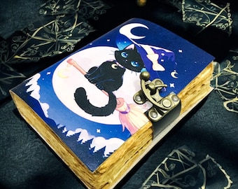 Cute Witch Cat Leather Journal | Magical Black Cat Notebook | Moon & Stars UV Print Diary | Witchy Aesthetic Spellbook | Gift for Cat Lovers