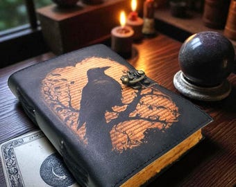 Raven Leather Journal – Gothic Handmade Vintage Grimoire, Spellbook of Shadows, Wiccan Notebook, Antique Writing Sketchbook.