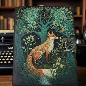 May include: A leather-bound journal with a forest scene featuring a fox. The cover is dark green with a detailed illustration of a fox, trees, and foliage. The fox is orange and white with intricate patterns. The journal has a metal clasp.
