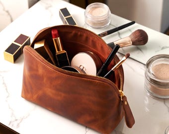 Handmade Genuine Leather Makeup Bag, Brown Zipper Cosmetic Pouch, Travel Toiletry Organizer