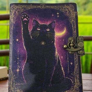 May include: A journal featuring a black cat illustration on a purple and gold cover. The cat raises a paw against a starry backdrop with a crescent moon. The journal has a metal clasp and an ornate gold border.