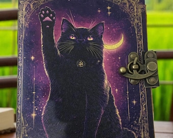 400 Page Large Cat journal Vintage Handmade leather Journal, Grimoire Fat journal Blank spell book of shadows Celestial Gifts For Him Her.