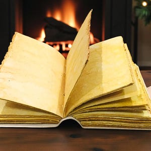 May include: An open, aged-looking book with yellowed pages sits on a dark wooden surface. The book's pages are slightly curled, and a leather bookmark extends from the spine. A fireplace and Christmas decorations are in the background.