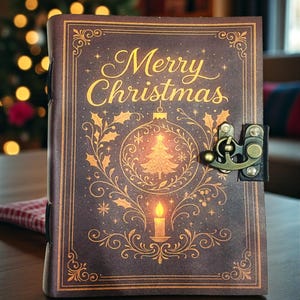 May include: A brown journal with the words "Merry Christmas" in gold script. The cover features a gold illustration of a Christmas tree, ornaments, and a candle. The journal has a metal clasp and is on a wooden surface.