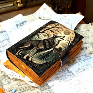 Könnte beinhalten: Ein ledergebundenes Notizbuch mit einer detaillierten Illustration eines heulenden Wolfs unter einem Vollmond. Der Einband ist schwarz und braun mit einem Metallverschluss und gealterten Papierseiten. Das Notizbuch liegt auf einem Hintergrund aus Karten und Papieren.