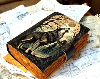 Handmade Wolf Leather Journal | Vintage Grimoire Notebook | Celtic Wolf Moon Journal | Gothic Spell Book | Fantasy Writing Journal Gift.