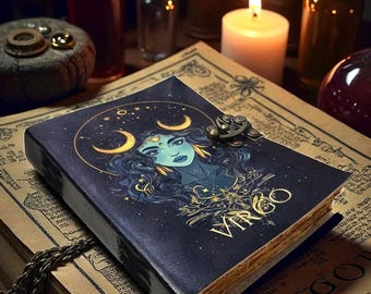 Virgo Zodiac Leather Journal | Handmade Astrology Notebook with Celestial Goddess & Moon Phases | Spellbook of Shadows, Grimoire, Sketchbook