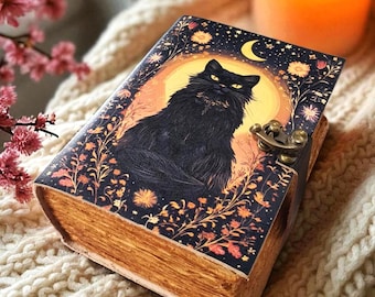 Vintage Leather Cat Grimoire Journal | Witchy Spell Book | Handmade Cat Magic Notebook | Gothic Witch Journal | Gift for Cat Lovers.