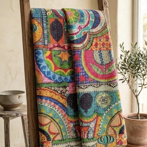 Manta Boho Kantha, manta de patchwork, edredón indio colorido, ropa de cama floral bohemia, decoración maximalista