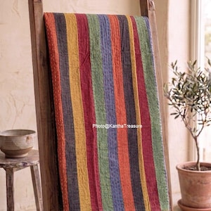 Indian Handmade Vintage Cotton Patchwork Stitched Cotton Kantha Quilt, Throw, Bedspread blanket