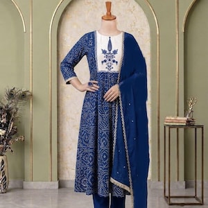 Blue Rayon Fabric Hand printed Sequence Embroidery Work Kurta Pant Dupatta Set, Boho Ethnic Wear, Mother's Gifts