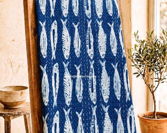 Bohemian vintage indigo blue Fish hand Print Cotton Kantha Quilt, Vintage Throw Bedspread Blanket Gudari