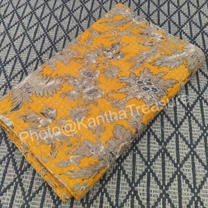 Indian Handmade Beautifull Yellow Hand Block printed Cotton Kantha Quilt, throw, Vintage blanket, Bedspread, Kantha Stitch, flroal quilt,