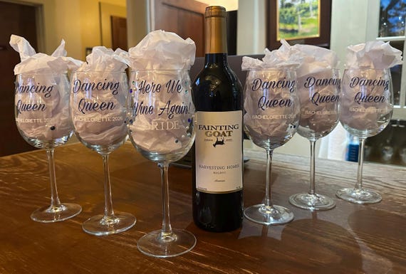 Mamma Mia Bachelorette Wine Glasses | Dancing Queen Bride Glass | Here We Wine Again | Custom ABBA Themed Winery Bach Party Favors