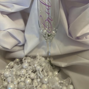 Bride Champagne Glass Custom Bride Gift Bridal Shower Personalized Engagement Flute Rhinestone Pearl Decorated Drinkware Wedding Celebration image 13