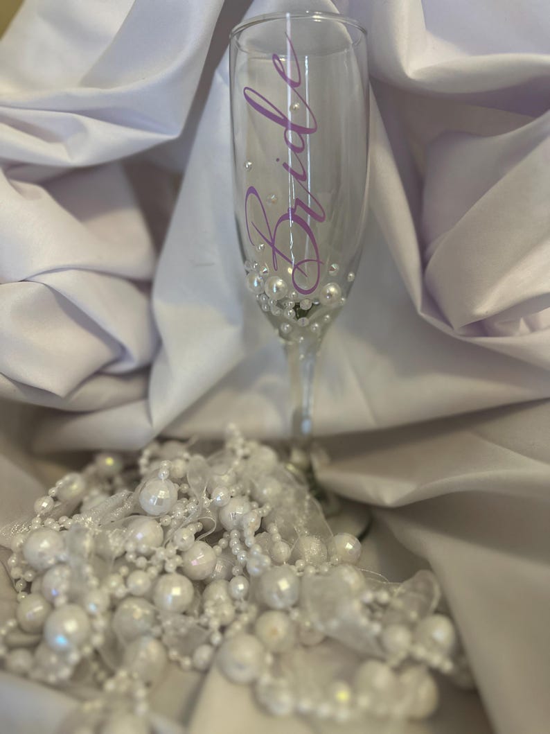 Bride Champagne Glass Custom Bride Gift Bridal Shower Personalized Engagement Flute Rhinestone Pearl Decorated Drinkware Wedding Celebration image 13